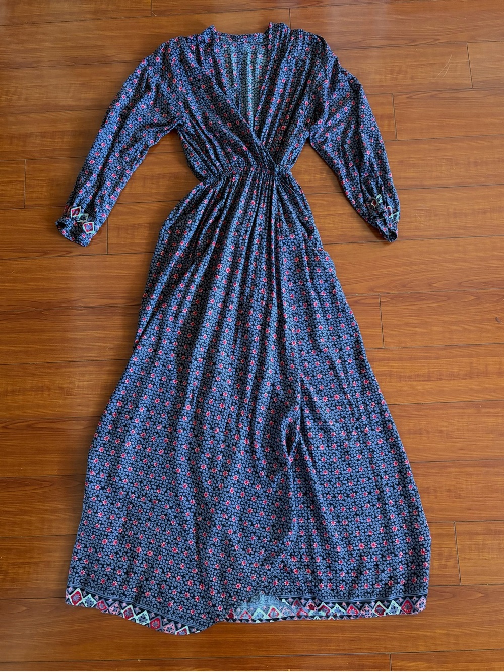 Natalie Martin Dark Purple Maxi Wrap Dress with Pink Floral Print